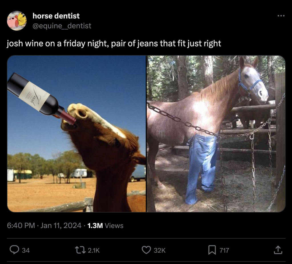 brown horse drinking out of a wine bottle
